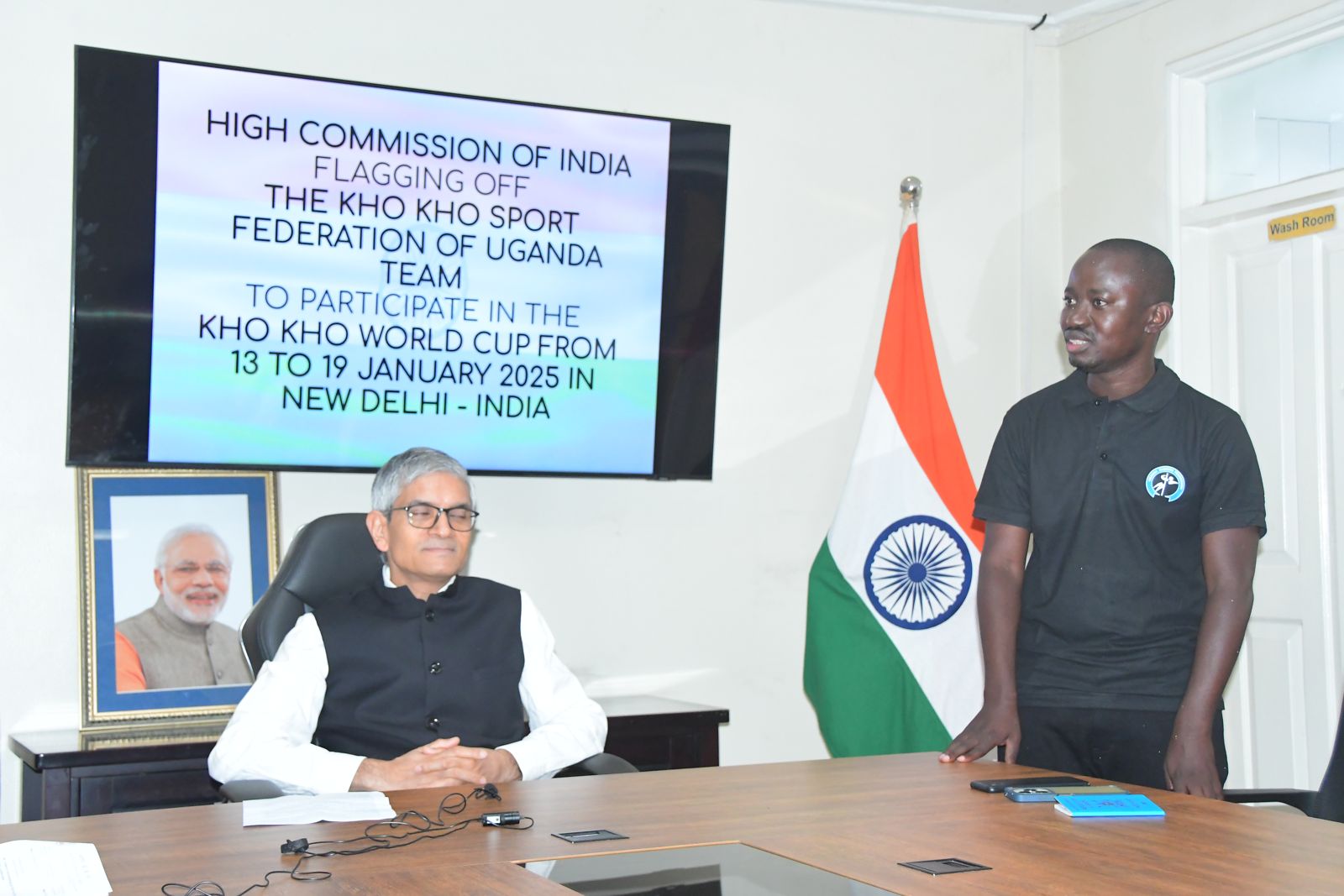 A slide reading High Commission of India flagging off the Kho Kho Sport Federation of Uganda team