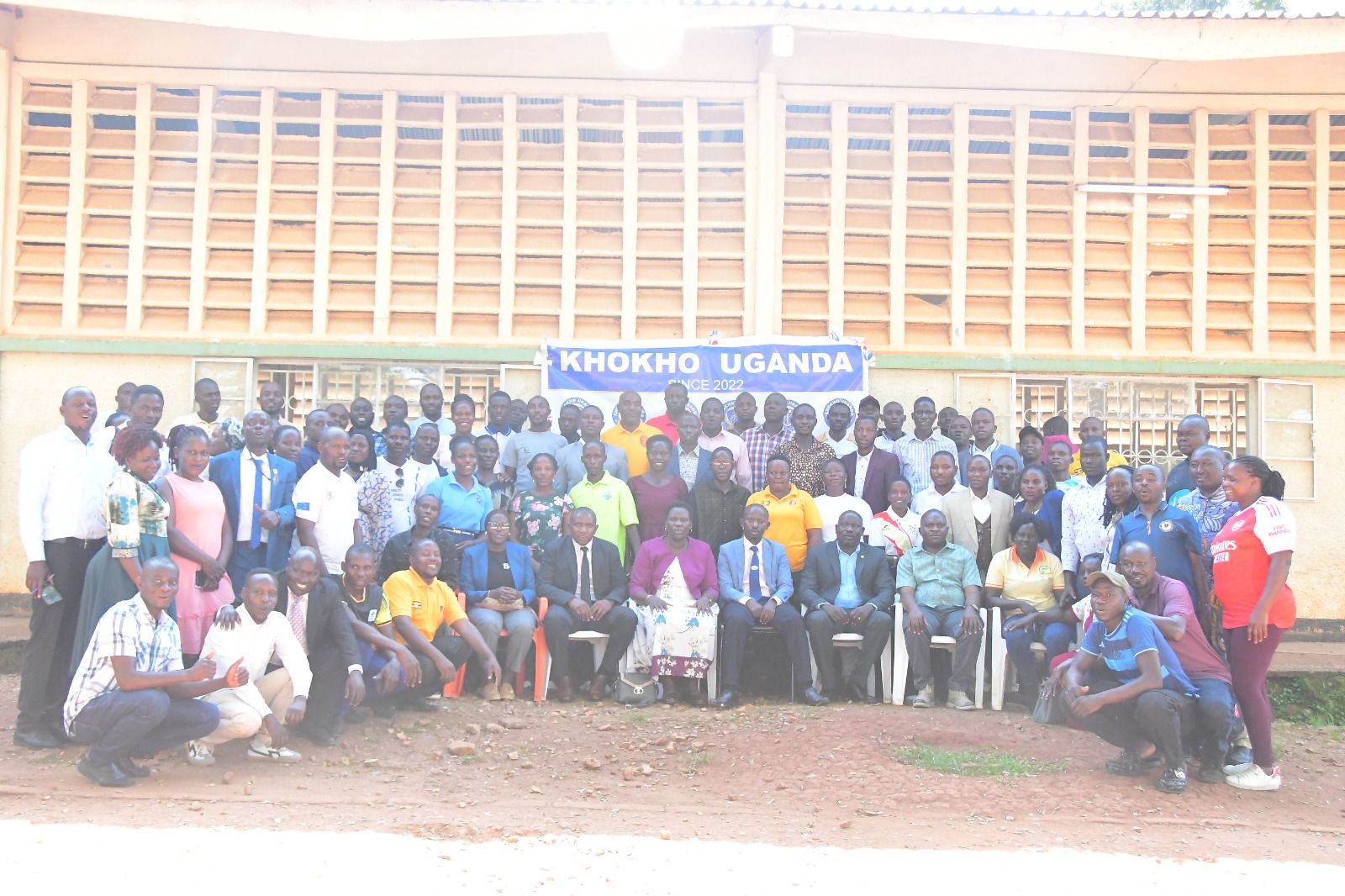 Participants, trainers and guests at a Kho Kho Uganda coaching course