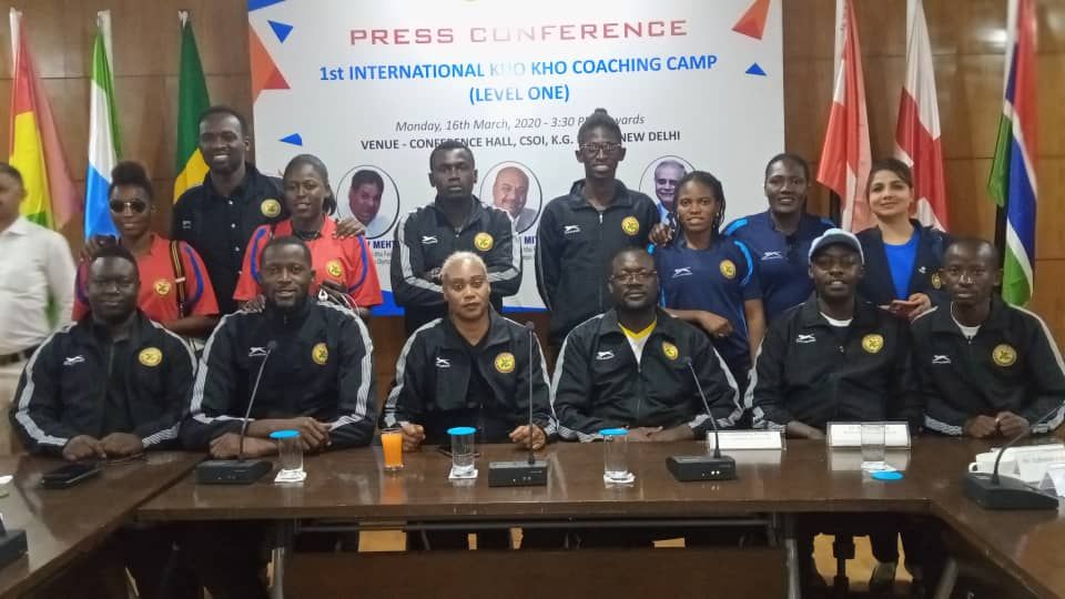 The head of the Uganda delegation, Nsubuga Mustapha, extreme right, at a press conference in New Delhi on 16 March 2020