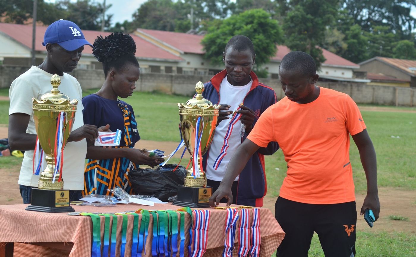 Trophies and medals for a Kho Kho schools tournament in Soroti
